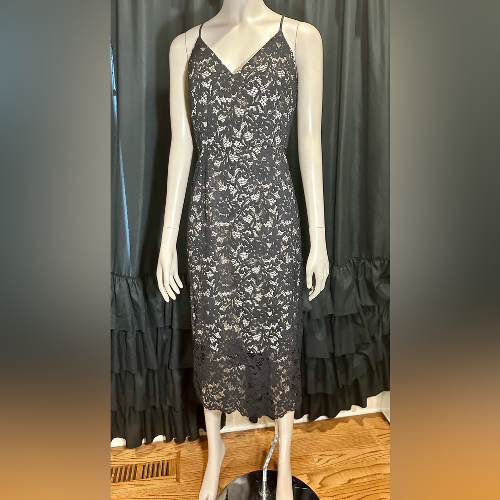 PARIS SUNDAY black lace flesh tone Midi Dress Spaghetti Strap Size  M New W Tag